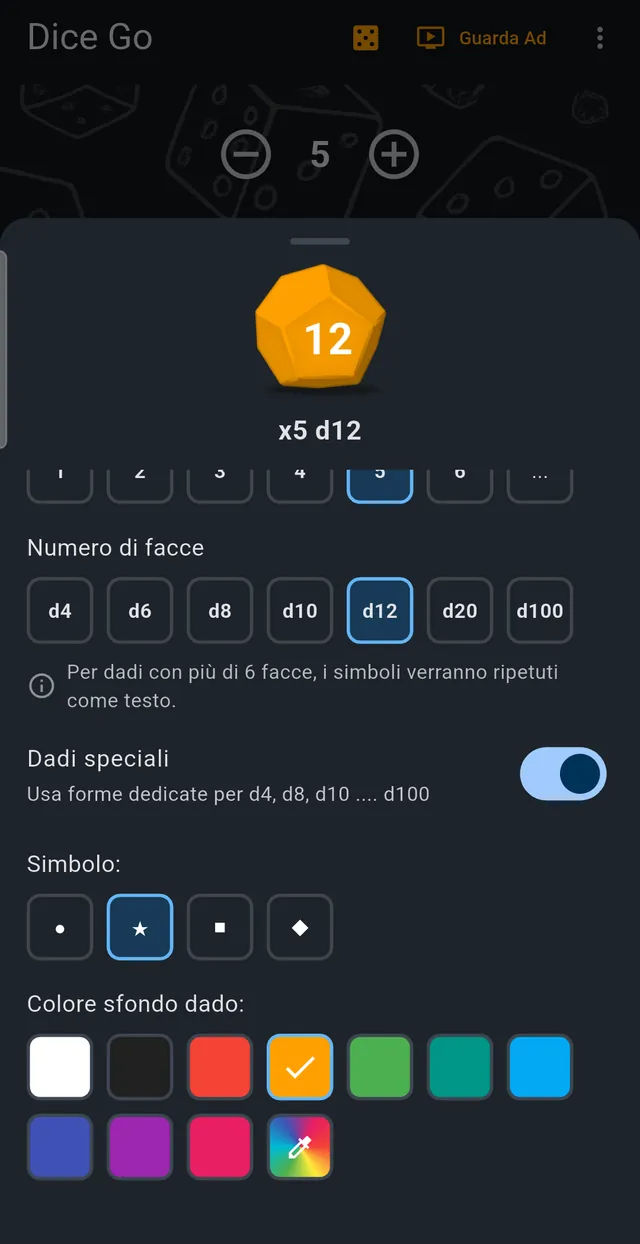 Scelta del tipo di dado, del simbolo e del colore